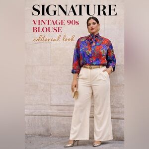 Vintage 90s Fitting Image Blouse 20W Bold Floral Satin Button Front Tie Neck